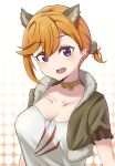  1girl absurdres alternate_hairstyle animal_ears breasts brown_choker brown_jacket choker cleavage collarbone commentary_request cropped_jacket extra_ears fang halloween highres jacket looking_at_viewer love_live! love_live!_superstar!! medium_breasts open_mouth orange_hair purple_eyes shibuya_kanon shirt short_ponytail short_sleeves single_sidelock solo upper_body white_background white_shirt wolf_ears yzlkun 