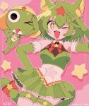  &gt;_o 1boy 1girl :3 animal_ears breasts cat_ears cat_girl cat_tail cleavage elbow_gloves gloves green_gloves green_hair green_skirt highres kemono_friends keroro keroro_gunsou large_breasts mayura_nebo navel one_eye_closed pleated_skirt short_hair skirt star-shaped_pupils star_(symbol) symbol-shaped_pupils tail 