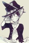  1boy ^_^ buttons chest_tattoo closed_eyes frilled_sleeves frills goggles goggles_on_headwear hand_on_headwear hat highres male_focus monkey_d._luffy monochrome multiple_hats nekochanko1 one_piece open_clothes open_shirt sash scar scar_on_face short_hair signature simple_background sitting smile solo straw_hat tattoo 