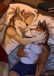 absurd_res anthro bed bed_sheet bedding biggoodwolf blue_eyes book boxers_(clothing) brown_body brown_fur canid canine canis cheek_tuft chest_tuft clothing coyote duo eye_contact facial_tuft freckles freckles_on_face fur furniture gravitational_pull hand_on_cheek head_tuft hi_res littlebadwolf looking_at_another loving_gaze lying lying_on_bed male male/male mammal neck_tuft on_back on_bed on_side orange_eyes pillow red_body red_fur red_wolf ryan_porter_(gravitational_pull) shelf skyler_adams_(gravitational_pull) tuft underwear white_body white_fur wolf yellow_body yellow_fur