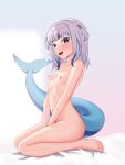  1girl absurdres blue_hair breasts commentary completely_nude fins fish_tail full_body gawr_gura grey_hair hair_ornament highres hololive hololive_english moriforests multicolored_hair navel nipples nude open_mouth shark_hair_ornament shark_tail sharp_teeth sitting small_breasts smile solo streaked_hair tail teeth two_side_up virtual_youtuber wariza 