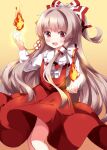  1girl :d alternate_costume blush bow brown_hair commentary_request cowboy_shot dress fire floating_hair frilled_shirt_collar frills fujiwara_no_mokou hair_bow hair_ornament hands_up highres long_hair long_sleeves looking_at_viewer magic open_mouth pinafore_dress pyrokinesis red_bow red_dress red_eyes ruu_(tksymkw) shirt sidelocks single_hair_tube sleeveless sleeveless_dress smile solo standing touhou white_bow white_shirt yellow_background 