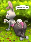 absurd_res anthro bonnie_hopps bunny_costume butt clothed clothing costume dialogue digital_media_(artwork) disney easter egg english_text female fur grey_body happy_easter hi_res holidays lagomorph legwear leporid link6432 looking_at_viewer mammal mature_anthro mature_female rabbit smile solo tail text thick_thighs thighs zootopia