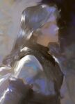  1girl armor art_study black_hair closed_eyes closed_mouth faux_traditional_media from_side grey_hair highres lips long_hair long_sleeves nose original painterly profile shirt sketch solo sunlight upper_body white_shirt yuming_li 