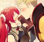  1girl blonde_hair blue_eyes blush book closed_eyes couple embarrassed eudes_(fire_emblem) fingerless_gloves fire_emblem fire_emblem:_kakusei gloves hetero holding holding_book indirect_kiss kiss long_hair pherae red_hair selena_(fire_emblem) twintails 