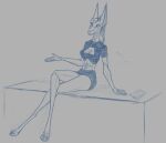 anthro bottomwear breasts canid canine canis clothed clothing digital_media_(artwork) female furniture guide_lines hair jackal long_ears looking_at_viewer mammal office_clothing on_table ponytail sfw simple_background sitting sitting_on_table sketch sketch_page skirt smile solo synth_(disambiguation) table the_dark_skull