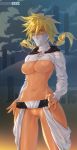  abs areolae arrancar bleach blonde_hair breasts bridal_gauntlets covered_mouth dark_skin green_eyes highres long_hair naftosaur navel nipples no_panties perky_breasts pubic_hair pussy solo spiked_hair split_ponytail standing tier_harribel underboob 