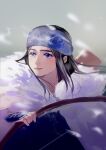 1girl absurdres ainu ainu_clothes asirpa black_hair blue_eyes blue_headband bow_(weapon) cloak close-up english_commentary fur_cloak golden_kamuy headband highres holding holding_bow_(weapon) holding_weapon looking_to_the_side misuu sidelocks snowing solo upper_body weapon white_cloak 