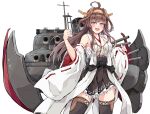  1girl ahoge bare_shoulders black_skirt black_thighhighs blush brown_hair cowboy_shot dairyo3 detached_sleeves double_bun frilled_skirt frills hair_bun hairband headgear highres japanese_clothes kantai_collection kongou_(kancolle) kongou_kai_ni_(kancolle) long_hair looking_at_viewer machinery nontraditional_miko open_mouth pleated_skirt purple_eyes ribbon-trimmed_sleeves ribbon_trim rigging simple_background skirt smile solo thighhighs turret white_background white_sleeves wide_sleeves 