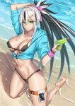  1girl abs absurdres barefoot beach bikini black_bikini black_hair blue_jacket breasts cellphone cleavage collarbone cropped_jacket fate/grand_order fate_(series) green_eyes hair_between_eyes hair_ornament hairclip high_ponytail highres jacket kneeling large_breasts long_hair looking_at_viewer massive_kagawa multicolored_hair nagao_kagetora_(fate) navel phone shore sidelocks smile solo swimsuit thigh_strap two-tone_hair uesugi_kenshin_(fate) very_long_hair water water_gun white_hair 