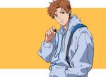  1boy asamine_matakara azicmot blue_eyes blue_hoodie brown_hair bucchigiri?! earbuds earphones hand_in_pocket highres holding hood hoodie looking_at_viewer male_focus open_mouth parted_lips rectangle removing_earbuds short_hair simple_background upper_body yellow_background 