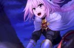  1boy astolfo_(fate) black_shirt braid cape eyelashes fate/apocrypha fate_(series) fon-due_(fonfon) gauntlets long_hair looking_ahead male_focus night open_mouth otoko_no_ko outdoors pink_eyes pink_hair riding shirt signature solo teeth white_cape 