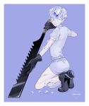  1other antarcticite ass black_gloves blue_background blue_eyes blue_hair border character_name cracked_skin dated fon-due_(fonfon) full_body glint gloves grey_shirt grey_shorts high_heels houseki_no_kuni injury pale_skin saw saw_cleaver shirt short_hair shorts solo squatting white_border 