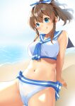  1girl arm_support bare_shoulders beach bikini blue_eyes blue_neckerchief blue_ribbon blue_sailor_collar blurry blush bow breasts brown_hair collarbone day depth_of_field dot_nose floating_hair hair_bow hair_ribbon highres idolmaster idolmaster_million_live! idolmaster_million_live!_theater_days koukoku large_breasts looking_at_viewer navel neckerchief ocean outdoors ponytail ribbon sailor_collar sailor_swimsuit_(idolmaster) satake_minako side-tie_bikini_bottom sitting smile solo swimsuit tongue tongue_out white_bikini 
