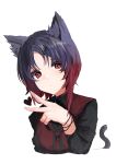  1girl absurdres animal_ears black_hair black_shirt cat_ears cat_tail expressionless fake_animal_ears gradient_hair heart highres iris_black_games kisaragi_ren_(vtuber) looking_at_viewer maya_fa multicolored_hair parted_bangs red_eyes red_hair red_vest shirt short_hair simple_background solo tail upper_body v vest virtual_youtuber vspo! white_background wristband 