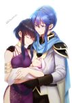  1boy 2girls baby black_gloves black_hair blue_cape blue_eyes blue_hair breasts cape closed_eyes collarbone commentary_request couple dress father_and_daughter fire_emblem fire_emblem:_genealogy_of_the_holy_war gloves hand_on_another&#039;s_shoulder holding_baby if_they_mated jacket larcei_(fire_emblem) long_hair medium_breasts mother_and_daughter multiple_girls ponytail purple_dress seliph_(fire_emblem) shoochiku_bai short_hair_with_long_locks side_slit sidelocks twitter_username white_jacket 