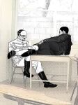  2boys ass baebaepls eye_contact facial_hair full_body goatee golden_kamuy looking_at_another lying male_focus military_uniform multiple_boys mustache on_side on_table photo-referenced photo_background profile short_hair sitting table tsurumi_tokushirou uniform usami_tokishige 