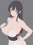  1girl absurdres artist_request bare_arms bare_shoulders black_hair blue_eyes blush breasts cleavage closed_mouth collarbone commentary_request dress grey_background hand_on_own_hip highres large_breasts long_hair looking_at_viewer original pulled_by_self shiny_skin simple_background smile upper_body 