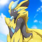  2018 ambiguous_gender anthro blue_eyes blue_fur blush feline fur looking_at_viewer mammal nintendo pok&eacute;mon pok&eacute;mon_(species) solo video_games yellow_fur zeraora けもじん 