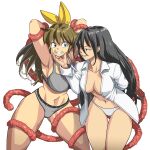  2girls arm_behind_back armpits black_hair blue_eyes bow breasts brown_hair character_request commentary_request cowboy_shot evil_grin evil_smile fang grabbing_another&#039;s_chin grey_panties grey_sports_bra grin hair_bow hand_on_another&#039;s_chin highres implied_yuri lab_coat large_breasts looking_at_another m.u.g.e.n multiple_girls naked_labcoat navel no_bra oggy_(oggyoggy) original panties ponytail red_eyes restrained ryuko_(oggyoggy) smile sports_bra tentacles thick_thighs thigh_gap thighs transparent_background underwear underwear_writing white_panties yellow_bow 