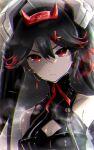  1girl bare_shoulders black_bodysuit black_hair bodysuit cleavage_cutout clothing_cutout donkichikin fake_horns hair_between_eyes hair_ornament headgear highres horns lucia:_lotus_(punishing:_gray_raven) lucia_(punishing:_gray_raven) mechanical_arms multicolored_hair parted_lips punishing:_gray_raven red_eyes red_hair red_horns sidelocks solo streaked_hair twintails x_hair_ornament 