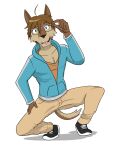 anthro bottomwear canid canine canis clothed clothing crouching eyewear footwear full-length_portrait fully_clothed fuze glasses hi_res jacket male mammal morenatsu pants portrait shirt shoes shun_(morenatsu) simple_background solo topwear white_background wolf