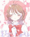  1girl absurdres antenna_hair blush brown_hair cardcaptor_sakura closed_eyes dress facing_viewer gloves highres kinomoto_sakura magical_girl petals pink_hat ppptms puffy_short_sleeves puffy_sleeves short_hair short_sleeves solo upper_body white_dress white_gloves 