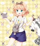  blonde_hair bunny casual checkered checkered_background clothes_hanger collarbone commentary_request cup fork gochuumon_wa_usagi_desu_ka? green_eyes highres holding kirima_sharo necktie open_mouth plaid plaid_neckwear plaid_skirt plate purple_shorts ruu_(tksymkw) school_uniform short_hair shorts skirt solo tedeza_rize's_school_uniform wavy_mouth wild_geese 