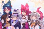  1boy 3girls animal_ears ascot black_choker black_hairband black_jacket blade_(honkai:_star_rail) blue_hair choker commentary firefly_(honkai:_star_rail) grey_hair hair_ornament hairband hairclip holding honkai:_star_rail honkai_(series) jacket kafka_(honkai:_star_rail) kemonomimi_mode long_hair long_sleeves looking_at_viewer multiple_girls orange_eyes purple_eyes purple_hair shirt silver_wolf_(honkai:_star_rail) sunglasses tudoubing very_long_hair white_shirt yellow_ascot 