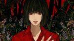  1boy berry black_hair bob_cut closed_mouth collared_shirt commentary_request hand_up highres kagoya1219 looking_at_viewer male_focus original plant red_background red_shirt sanpaku shirt short_hair solo straight-on tree upper_body 
