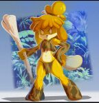  1girl animal_crossing animal_ears bone commentary crop_top dog_ears dog_girl dog_tail frown furry furry_female hand_on_own_hip holding holding_bone isabelle_(animal_crossing) jungle letterboxed loincloth nature navel plant solo souldroids tail topknot two-tone_fur v-shaped_eyebrows yellow_fur 