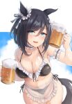  1girl absurdres alcohol animal_ears apron beer beer_mug bikini black_bikini black_hair blue_sky bob_cut breasts cleavage cloud commentary_request cup ear_ribbon ear_scrunchie eishin_flash_(umamusume) frilled_bikini frills highres holding holding_cup horse_ears horse_girl horse_tail k_jie large_breasts mug scrunchie see-through_apron short_hair sky solo swept_bangs swimsuit tail umamusume waist_apron white_scrunchie 