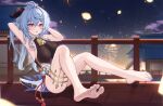  1girl absurdres barefoot blue_hair blue_nails blush breasts fireworks ganyu_(genshin_impact) genshin_impact hair_between_eyes highres horns large_breasts long_hair looking_at_viewer night radoremo red_eyes soles solo toenails toes tongue tongue_out 