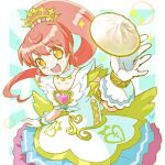  1girl :d bad_id bad_twitter_id baozi dress drooling floating floating_object food fur_collar gloves gold_trim heart idol_clothes long_hair looking_at_viewer lowres mdr_onj1807 mouth_drool open_mouth ponytail pretty_series pripara red_hair shiratama_mikan smile solo sparkle white_dress white_gloves wings yellow_eyes 