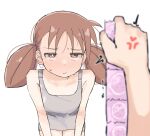  1girl anger_vein azumanga_daioh breasts brown_eyes brown_hair condom condom_packet_strip condom_wrapper hair_between_eyes highres long_hair mihama_chiyo sabotaged_condom simple_background small_breasts sweat tank_top twintails white_background zlix0n 