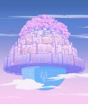  above_clouds architecture bird blue_sky building cloud fantasy floating floating_castle floating_island floating_object gradient_sky highres no_humans owakita pastel_colors pink_sky scenery sky tenkuu_no_shiro_laputa tree 