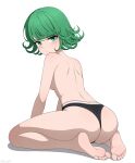  1girl absurdres ass barefoot black_panties breasts closed_mouth curly_hair from_behind full_body green_eyes green_hair highres kneeling looking_at_viewer looking_back one-punch_man panties short_hair simple_background small_breasts soles solo tatsumaki toes topless underwear white_background yisusjpl 