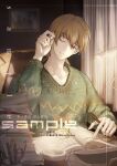  1boy bishounen book brown_eyes brown_hair character_request closed_mouth collarbone cup curtains desk_lamp disposable_cup drink earbuds earphones green_sleeves green_sweater head_tilt highres holding holding_pen indoors lamp light_smile long_sleeves looking_at_viewer male_focus on_chair one_eye_closed open_book painting_(object) paper_stack pen quanzhi_gaoshou removing_earbuds ruler sample_watermark scissors short_hair sitting solo steam studying sweater turdidae upper_body watermark 