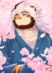  1boy ahoge animal_ears beard blue_kimono cherry_blossoms commentary draw_two facial_hair fang furry furry_male highres indie_virtual_youtuber japanese_clothes kimono looking_to_the_side male_focus multicolored_hair one_eye_closed red_eyes skin_fang smile tiger_boy tiger_ears tiger_stripes trad_monmon upper_body 