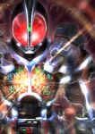  1boy antennae armor belt black_armor black_bodysuit bodysuit driver_(kamen_rider) faiz_accel faiz_driver glowing glowing_eyes glowing_lines helmet irisu_haniwa kamen_rider kamen_rider_555 kamen_rider_faiz lightning male_focus neon_lights power_armor red_eyes rider_belt solo standing tokusatsu upper_body 