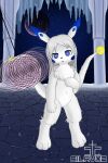 anthro blue_cheeks blue_eyes canid canine female fox fur genitals hair heart_eyes heart_symbol hi_res humanoid hypnosis hypnotized_prey innie_pussy long_hair looking_at_viewer mammal mind_control pendulum planet pussy silavos silavos_snow solo space standing tail watermark white_body white_fur white_hair