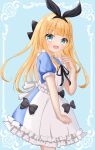  1girl :d absurdres apron aqua_background aqua_eyes black_bow black_hairband blonde_hair blue_dress blunt_bangs blush border bow bow_hairband collared_shirt dot_nose dress dress_bow floating_hair frilled_apron frills hair_bow hair_intakes hairband hand_up highres long_hair looking_at_viewer maid_apron mononobe_alice mononobe_alice_(1st_costume) nijisanji numamizuki ornate_border petite puffy_short_sleeves puffy_sleeves shirt short_sleeves sidelocks simple_background smile tareme virtual_youtuber white_apron white_shirt 