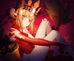  1girl absurdres bare_legs bare_shoulders blonde_hair braid chalice crown cup dragon_tail dress elbow_gloves erchongbaojun facial_mark fate/grand_order fate_(series) french_braid gloves gold_crown hair_intakes highres looking_at_viewer nero_claudius_(fate) pointed_crown pointy_ears queen_draco_(fate) queen_draco_(first_ascension)_(fate) red_dress red_eyes scales single_glove sitting tail white_gemstone white_gloves 