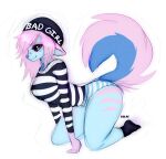 2019 anthro blue_body blue_fur breasts canid canine canis clothing dark_sclera domestic_dog female fur hair hat headgear headwear husky kolae kolae_(character) mammal markings nordic_sled_dog pattern_clothing pattern_shirt pattern_topwear pink_hair shirt simple_background sketch smile solo spitz striped_clothing striped_shirt striped_topwear stripes tail text text_on_clothing text_on_hat text_on_headwear topwear white_background