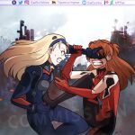  2girls arm_up blonde_hair blue_bodysuit blurry blurry_background bodysuit building choker choppy_bangs clenched_teeth commentary commission cross cross_choker deviantart_logo deviantart_username english_commentary evangelion:_3.0_you_can_(not)_redo eyepatch fighting grabbing_another&#039;s_arm hairband hand_up headband instagram_logo instagram_username interface_headset ko-fi_logo ko-fi_username leg_up long_hair marie_vincennes multiple_girls neon_genesis_evangelion open_mouth orange_hair patreon_logo patreon_username plugsuit rebuild_of_evangelion red_bodysuit sai_(saiscribbles) sky souryuu_asuka_langley sweatdrop teeth the_nerv_white_paper tumblr_logo tumblr_username twitter_logo twitter_username two_side_up watermark 