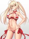  ahoge arm_at_side bangs bikini blonde_hair breasts closed_mouth collarbone cowboy_shot criss-cross_halter eyebrows_visible_through_hair fate/grand_order fate_(series) green_eyes groin hair_between_eyes hair_intakes halterneck hand_on_hip highres large_breasts legs_apart looking_at_viewer lowleg lowleg_bikini navel nero_claudius_(fate)_(all) nero_claudius_(swimsuit_caster)_(fate) side-tie_bikini smile solo stomach striped striped_bikini swimsuit takanashi-a twintails 