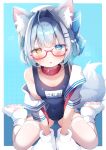  1girl absurdres ahoge animal_ear_fluff animal_ears animal_feet animal_hands blue_background blue_eyes blue_hair blue_one-piece_swimsuit blush bow collar glasses hair_bow hair_ornament hairclip heterochromia highres komugi_(2212) looking_at_viewer medium_hair one-piece_swimsuit open_mouth original red-framed_eyewear school_swimsuit school_uniform serafuku simple_background sitting solo swimsuit tail thighhighs wariza white_thighhighs yellow_eyes 