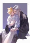  2boys alternate_costume black_kimono black_sash blonde_hair blue_background chinese_commentary cloud_strife commentary_request couple cuntouxiaoyeju final_fantasy final_fantasy_vii floral_print_kimono green_eyes grey_hair hand_on_another&#039;s_arm hand_on_another&#039;s_chest hand_on_another&#039;s_wrist head_on_another&#039;s_shoulder highres holding_hands japanese_clothes kimono light_smile long_hair looking_at_another low_ponytail male_focus multiple_boys on_lap parted_lips sash sephiroth short_hair sitting slit_pupils spiked_hair two-sided_fabric very_long_hair white_kimono yaoi 