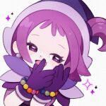  1girl :d commentary_request earrings gloves hands_up hat highres jewelry looking_at_viewer magical_girl ojamajo_doremi open_mouth purple_eyes purple_gloves purple_hair purple_hat segawa_onpu short_hair simple_background smile solo upper_body white_background witch_hat yukino_super 
