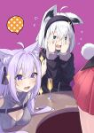  2girls :3 ahoge animal_ear_fluff animal_ears aqua_eyes bar_(place) black_hairband black_jacket blush breasts bunny_garden cat_ears cat_girl champagne_flute cleavage cleavage_cutout clothes_grab clothing_cutout cup double-parted_bangs drinking_glass flying_sweatdrops fox_ears fox_girl grey_sweater hair_ribbon hairband highres hololive jacket kana_(bunny_garden) long_hair multiple_girls nekomata_okayu nekomata_okayu_(8th_costume) official_alternate_costume open_mouth peeking_through_fingers polka_dot purple_background purple_eyes purple_hair rabbit_tail ribbon shirakami_fubuki simple_background sleeve_grab sleeveless sleeveless_sweater smile sparkle sweater tail tsurupy twitter_username virtual_youtuber white_hair 